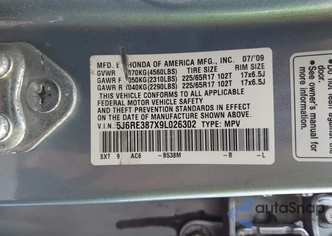2009 Honda Cr-V Ex-L from USA, damaged, VIN 5J6RE387X9L026302